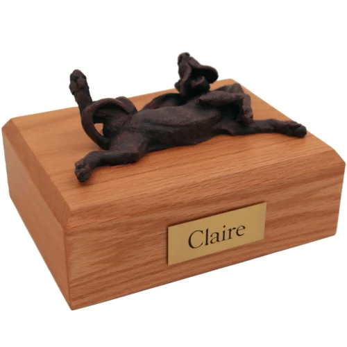 Laying bloodhound bronze look dog figurine on wood cremation urn