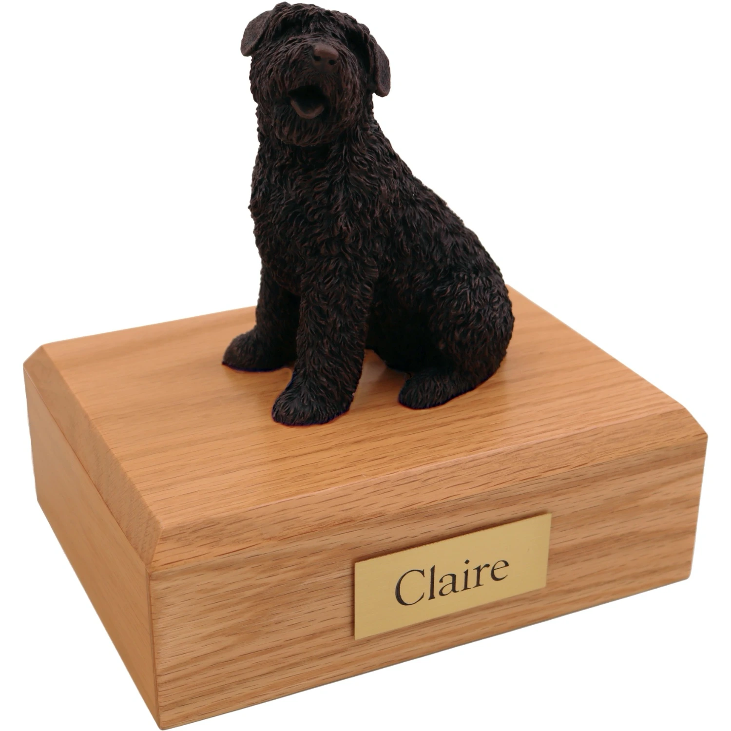 Sitting bouvier bronze look dog figurine on wood cremation urn