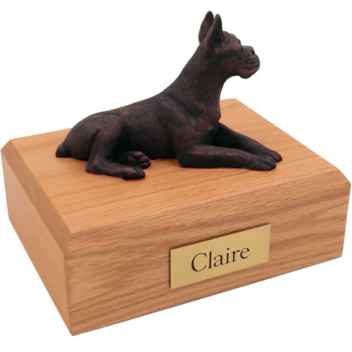 Laying boxer ears up bronze look dog figurine on wood cremation urn