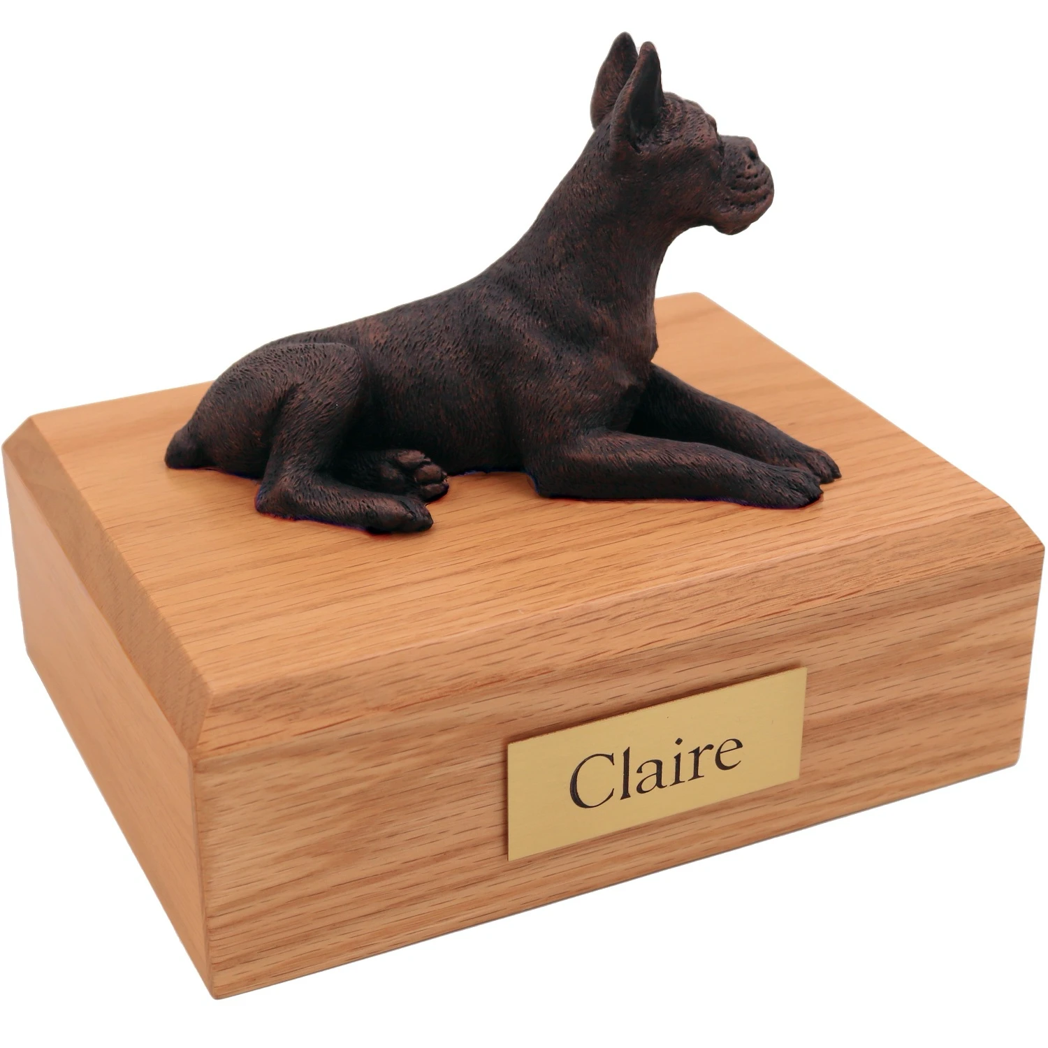 Laying boxer ears up bronze look dog figurine on wood cremation urn