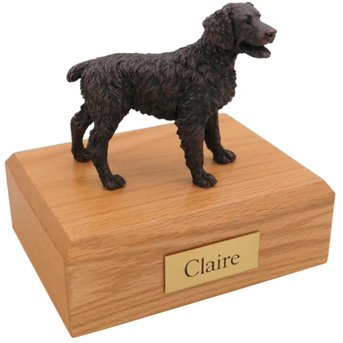 Standing brittany spaniel bronze look dog figurine on wood cremation urn