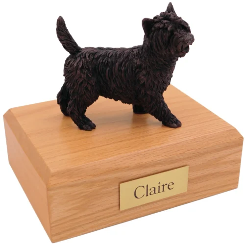 Standing cairn terrier bronze look dog figurine on wood cremation urn