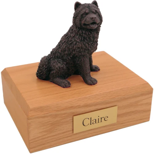 Sitting chow chow bronze look dog figurine on wood cremation urn