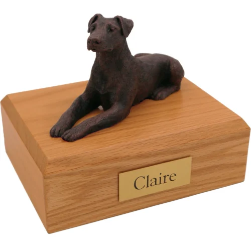 Doberman pinscher ears down bronze look dog figurine on wood cremation urn