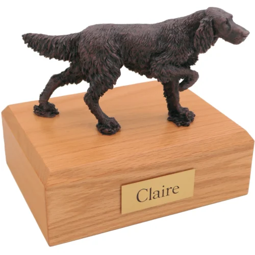 Pointing english setter bronze look dog figurine on wood cremation urn