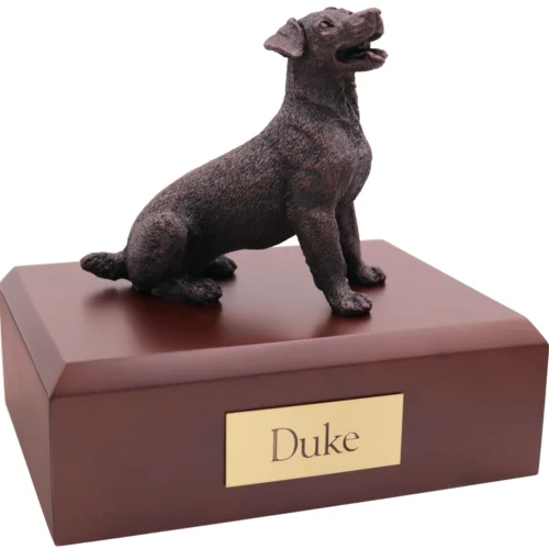 Sitting jack russell terrier bronze look dog figurine on wood cremation urn