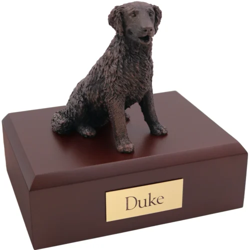 Sitting labrador bronze look dog figurine on wood cremation urn