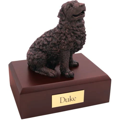 Sitting newfoundland bronze look dog figurine on wood cremation urn