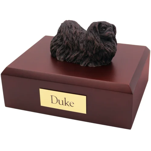 Pekingese bronze look dog figurine on wood cremation urn