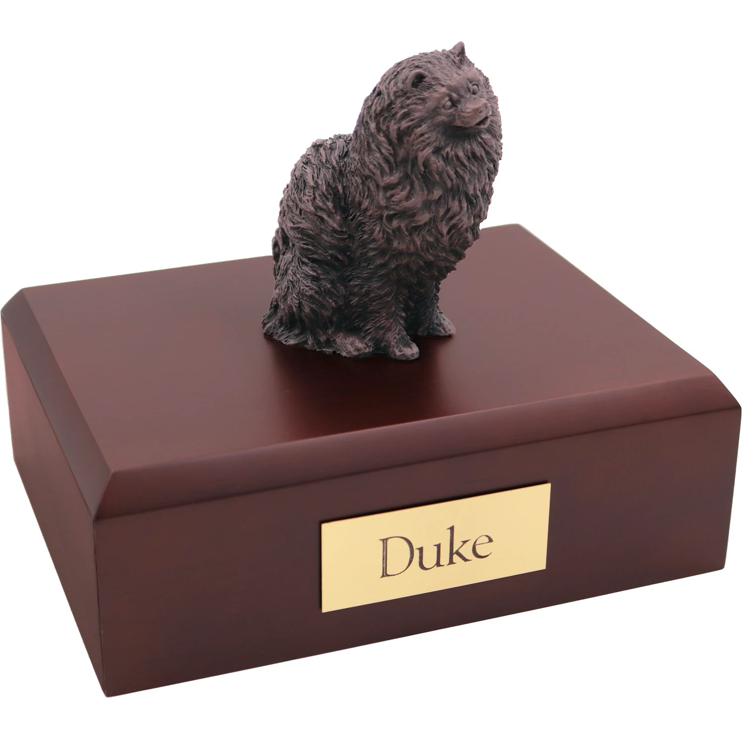 Sitting pomeranian bronze look dog figurine on wood cremation urn