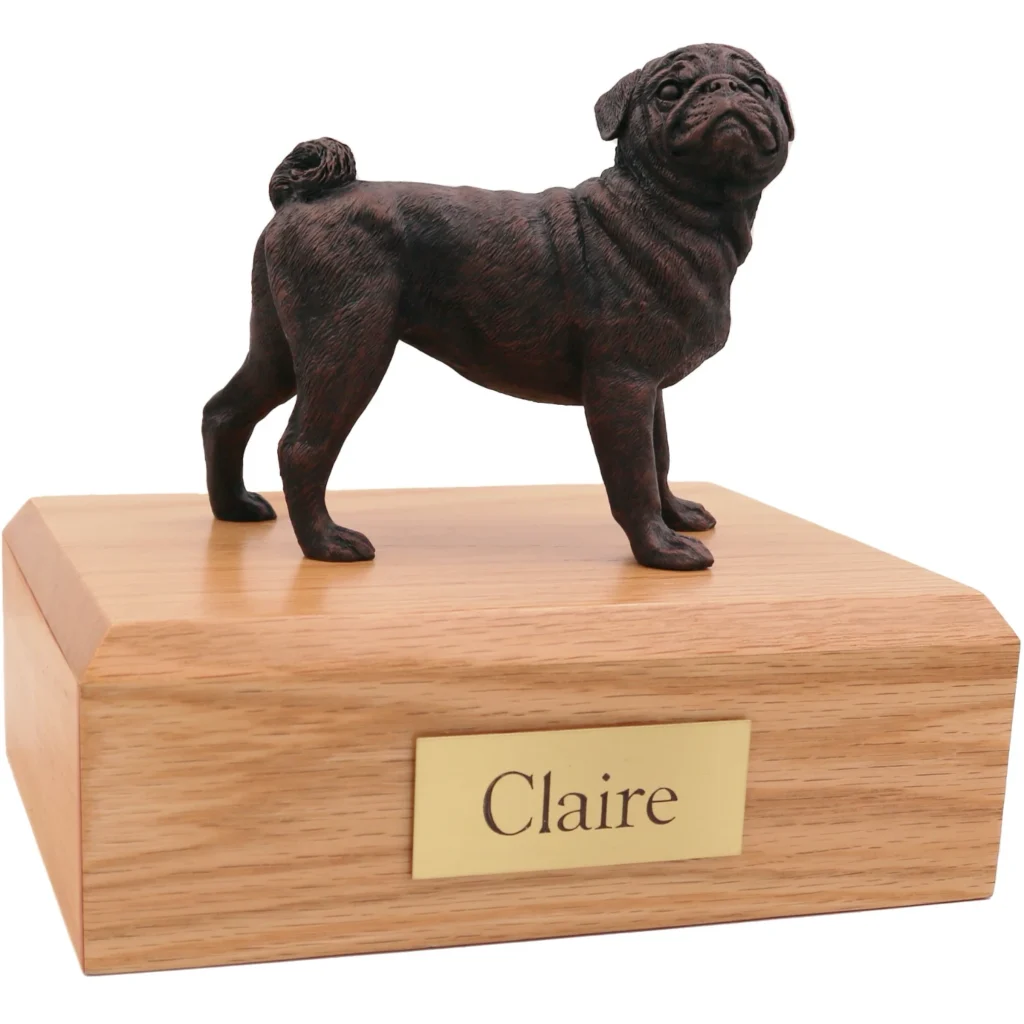 Standing pug bronze look dog figurine on wood cremation urn
