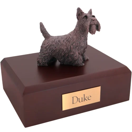 Standing Scottish terrier bronze look dog figurine on wood cremation urn