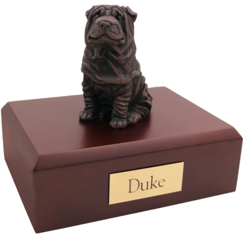 Sitting shar pei bronze look dog figurine on wood cremation urn