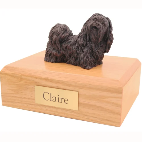 Shih tzu bronze look dog figurine on wood cremation urn