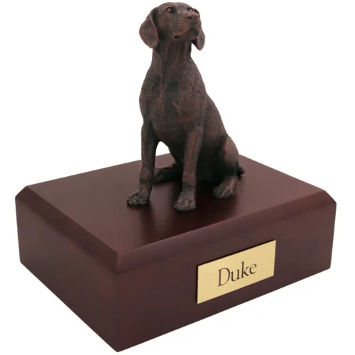 Sitting weimaraner bronze look dog figurine on wood cremation urn