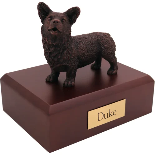 Standing welsh corgi bronze look dog figurine on wood cremation urn