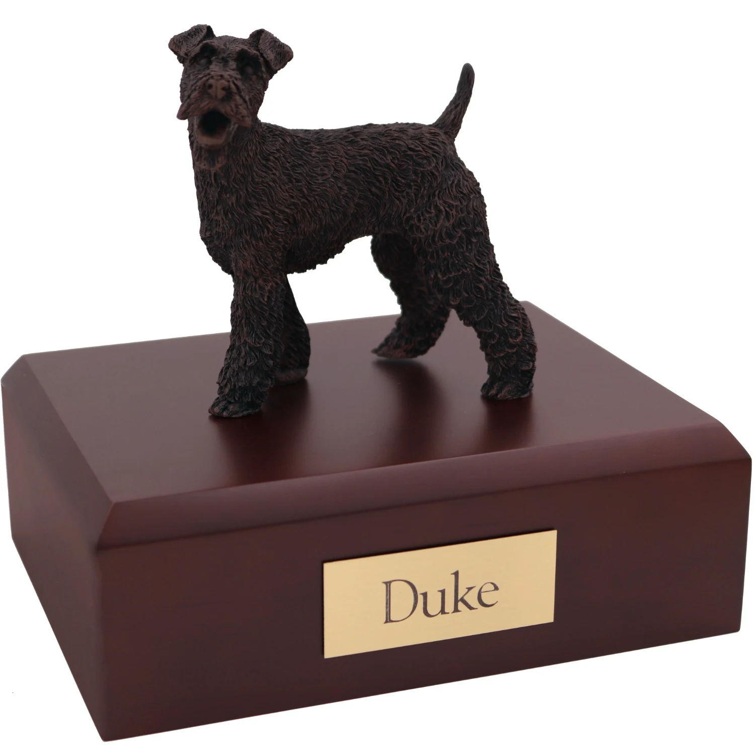 Standing fox terrier bronze look dog figurine on wood cremation urn