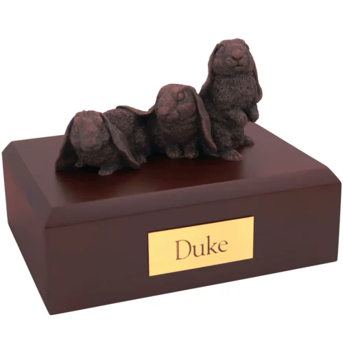 3 rabbits bronze look figurine on wood cremation urn
