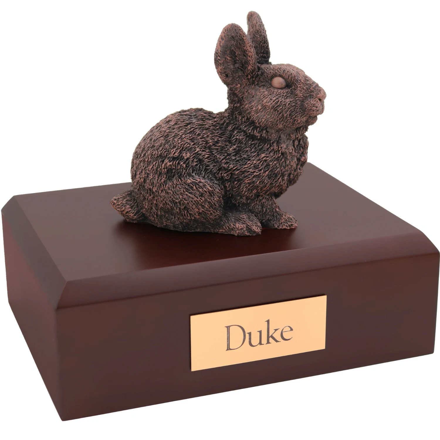 rabbit bronze look figurine on wood cremation urn