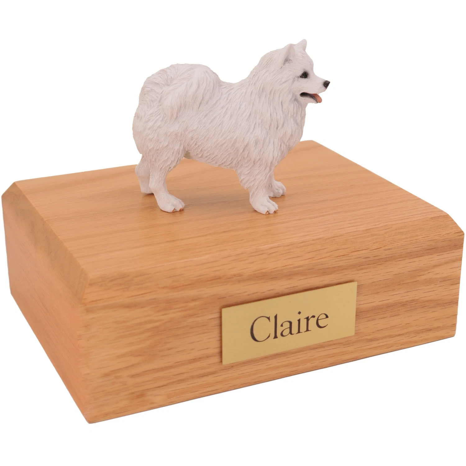 Standing American Eskimo dog figurine on wood cremation urn