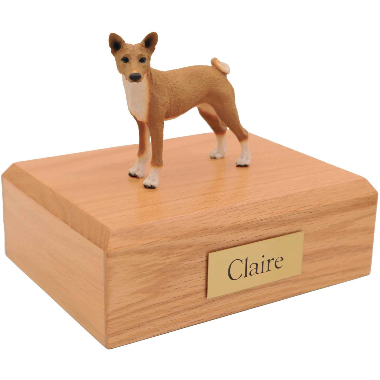 Standing basenji dog figurine on wood cremation urn