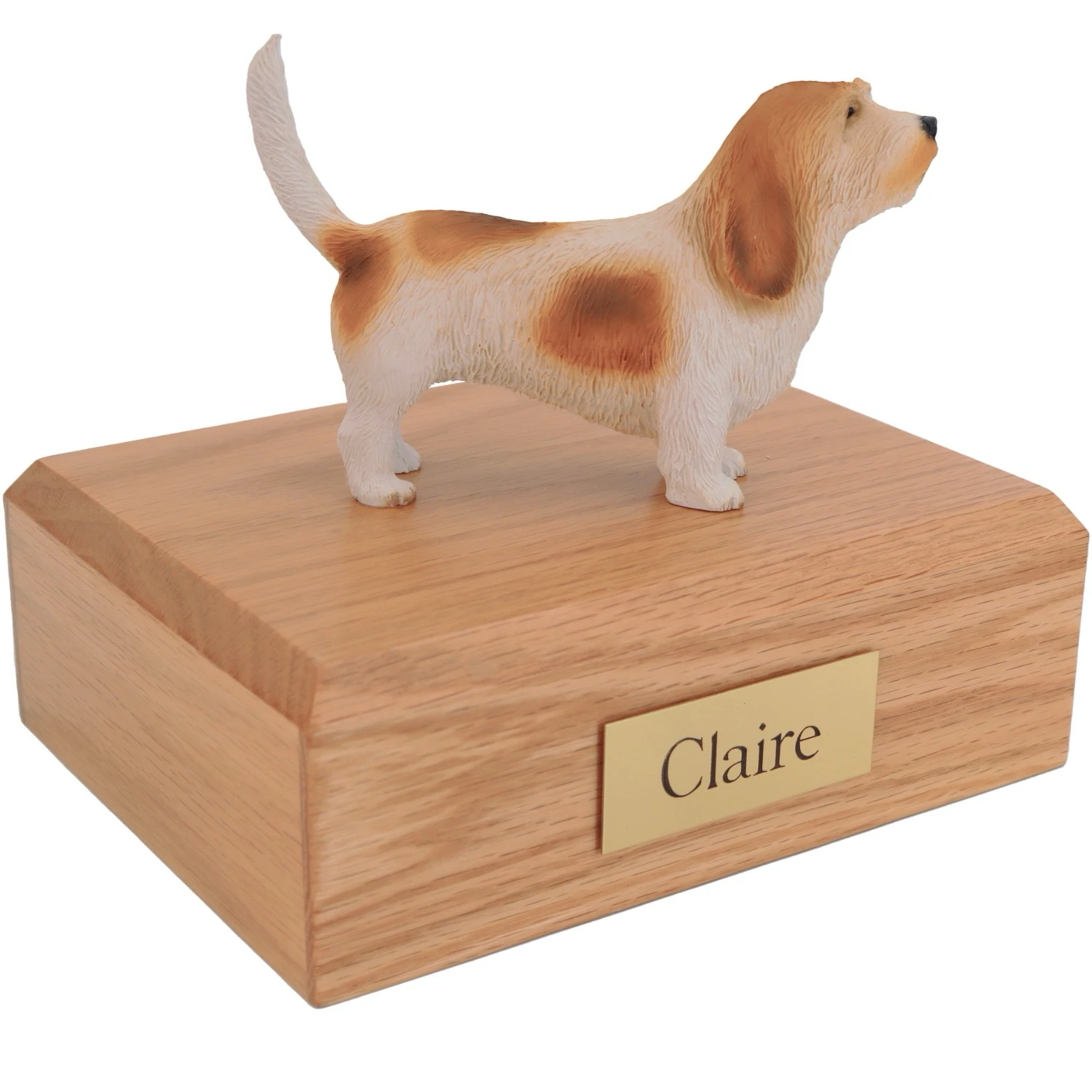 Standing basset griffon vendeen dog figurine on wood cremation urn