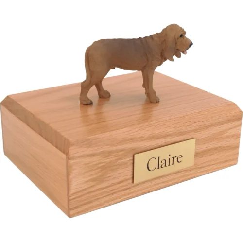 Standing bloodhound dog figurine on wood cremation urn
