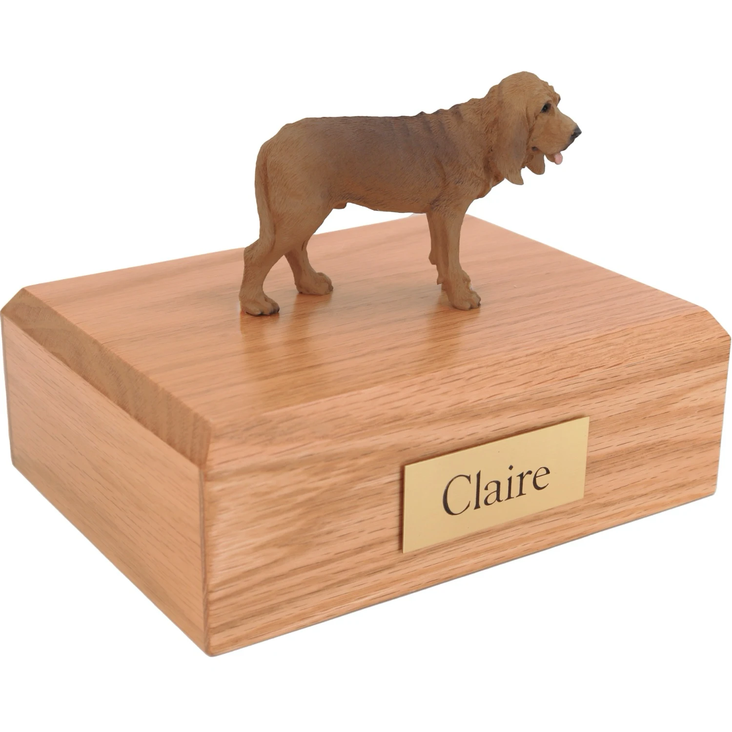 Standing bloodhound dog figurine on wood cremation urn