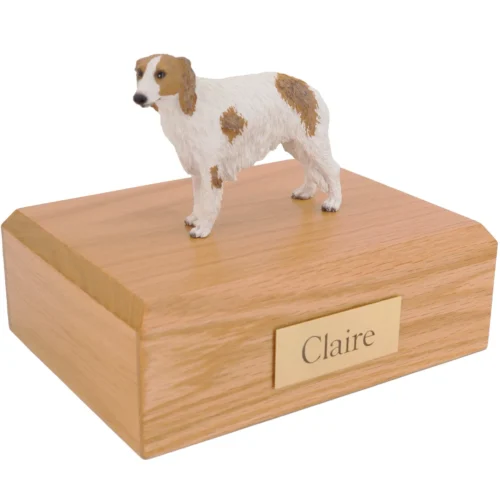 Standing borzoi dog figurine on wood cremation urn