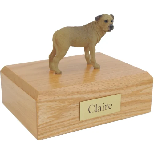 Standing tan bull mastiff dog figurine on wood cremation urn