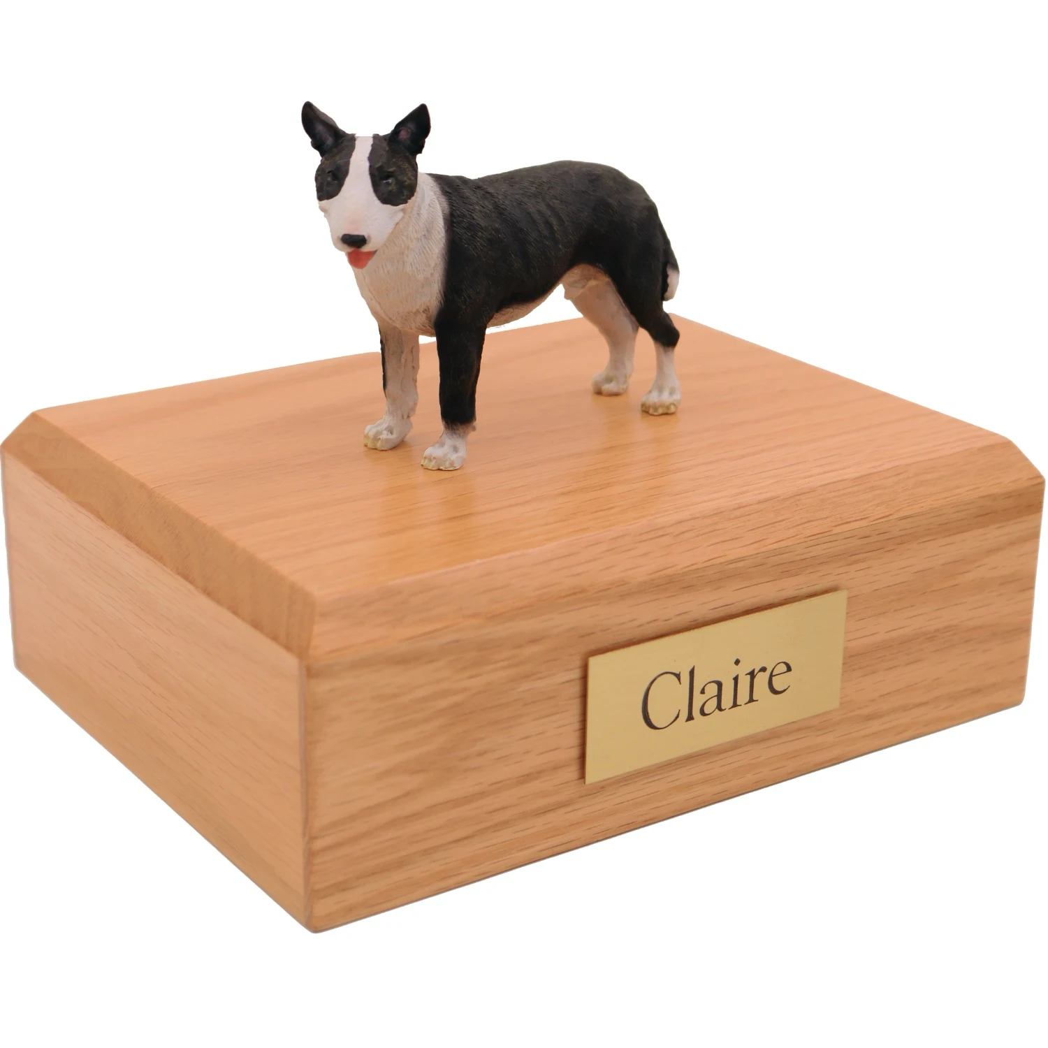 Standing brindle white and black bull terrier dog figurine on wood cremation urn