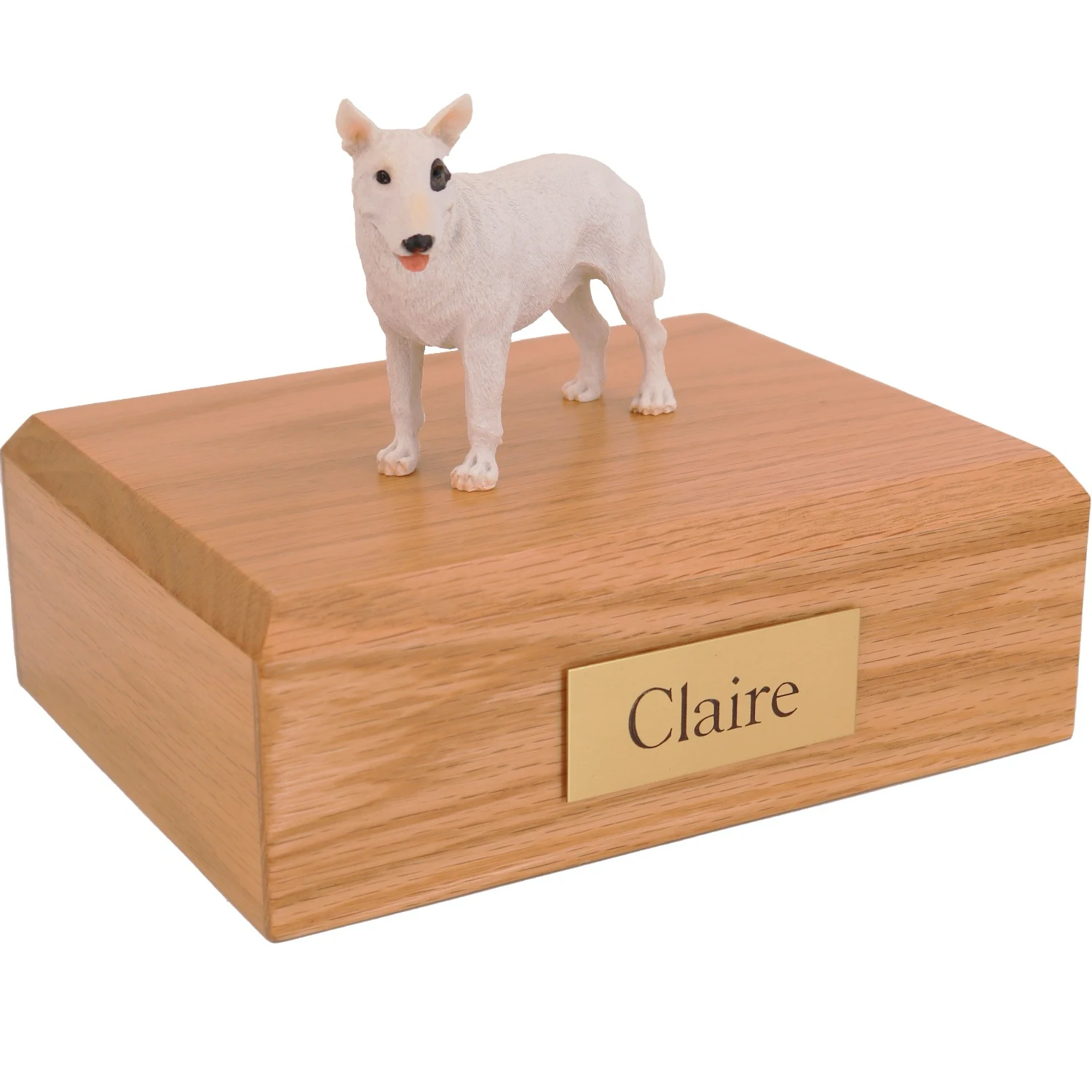 Standing white bull terrier dog figurine on wood cremation urn