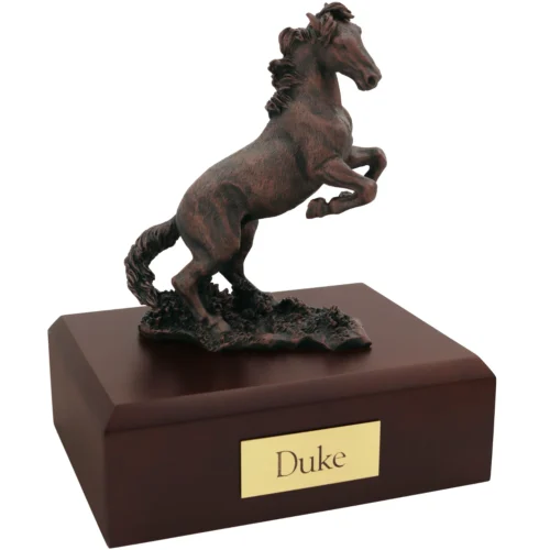 rearing horse bronze look figurine on wood cremation urn