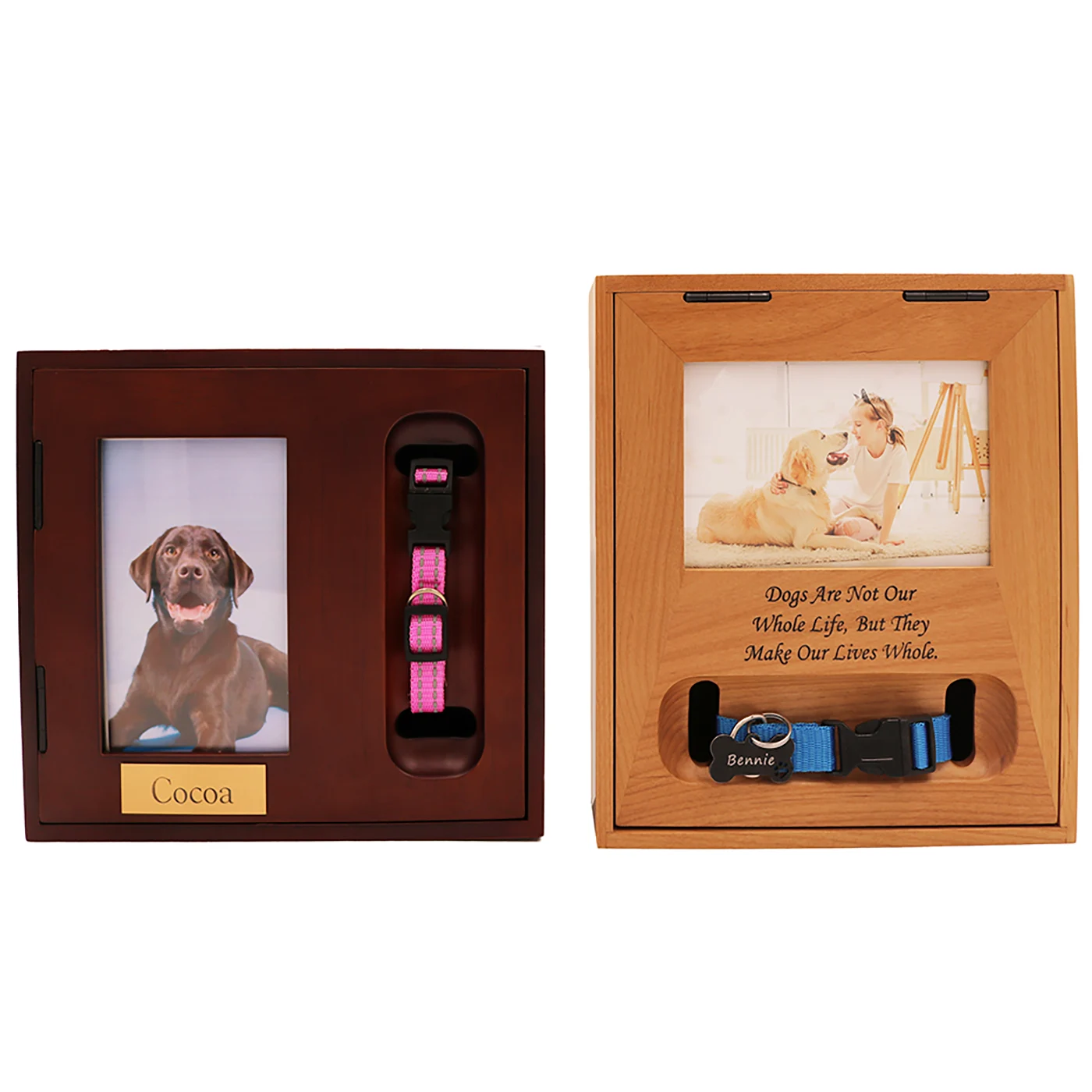 Shadowbox pet cremation urn, with photo holder and collar holder, oak and walnut finish, engraved