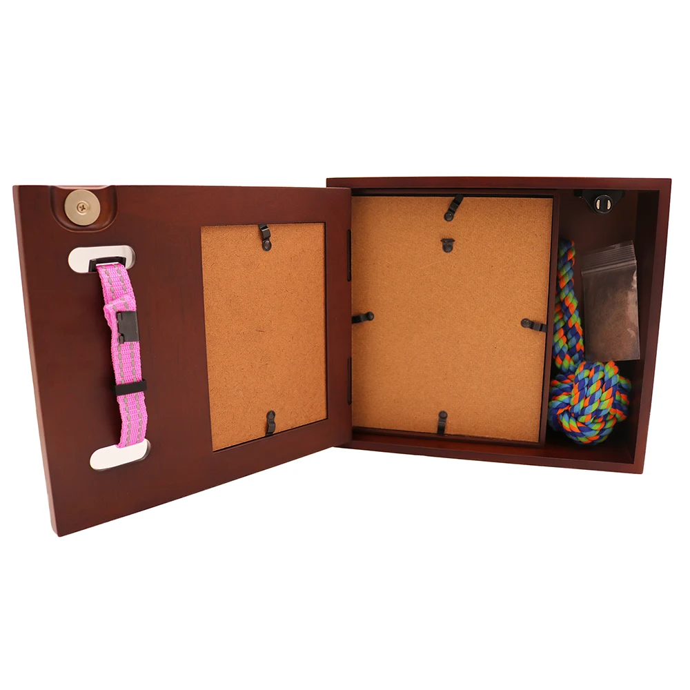 Shadowbox pet cremation urn, with photo holder and collar holder, oak and walnut finish, open