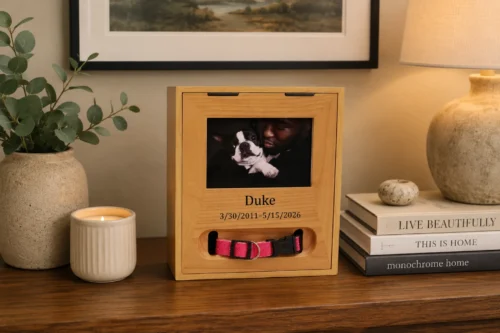 Shadowbox pet cremation urn, with photo holder and collar holder, oak finish, engraved, home setting