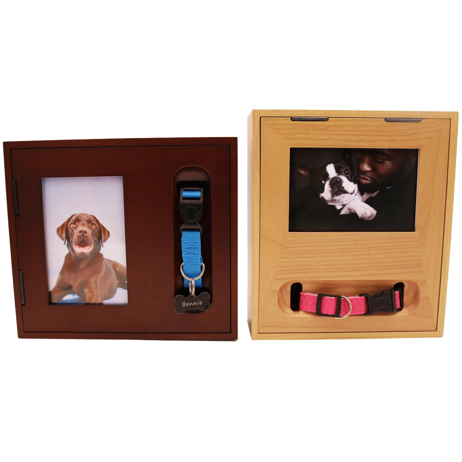 Shadowbox pet cremation urn, with photo holder and collar holder, oak and walnut finish