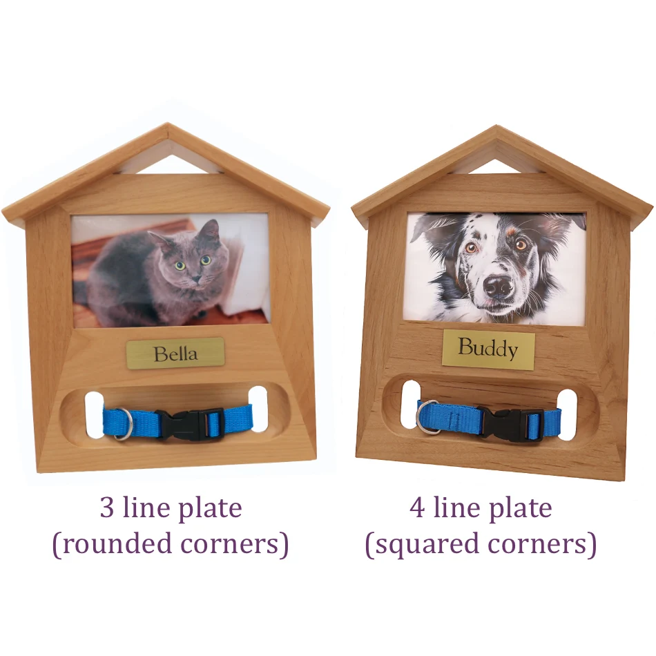 Pet collar holder memorial photo frame, engraved plate styles