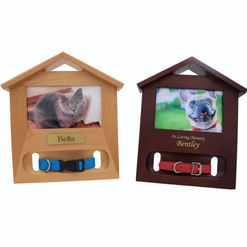 Pet collar holder memorial photo frame, walnut and oak finish, laser and plate engraving