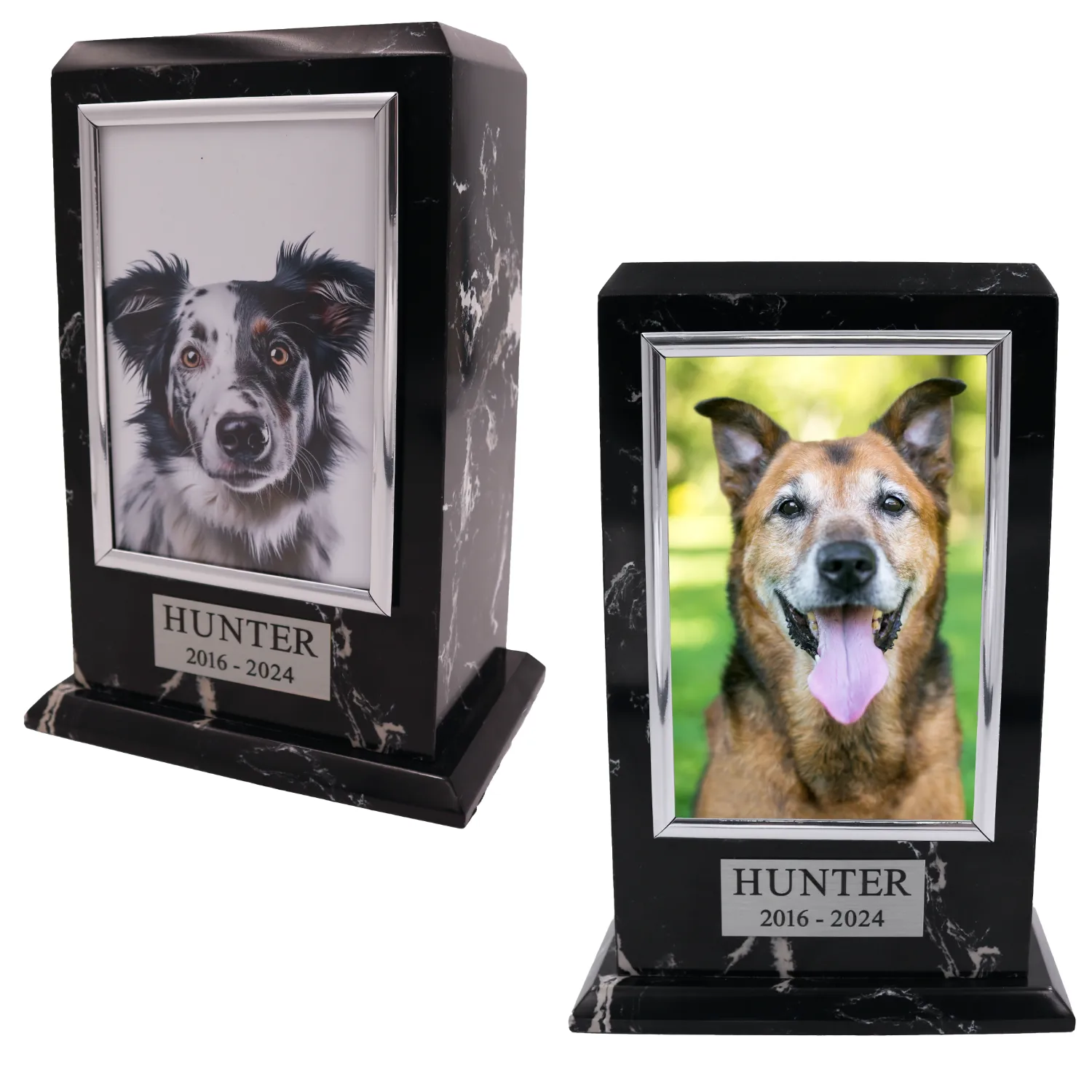 Marble tower photo holder pet memorial cremation urn, with engraved metal plate, 2 views