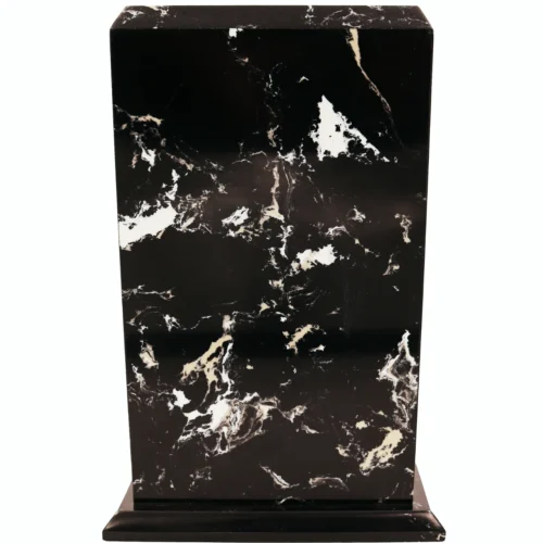 Marble tower photo holder pet memorial cremation urn, with engraved metal plate, back view