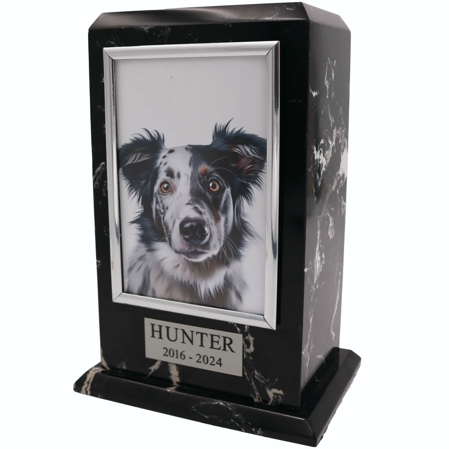 Marble tower photo holder pet memorial cremation urn, with engraved metal plate, alt view