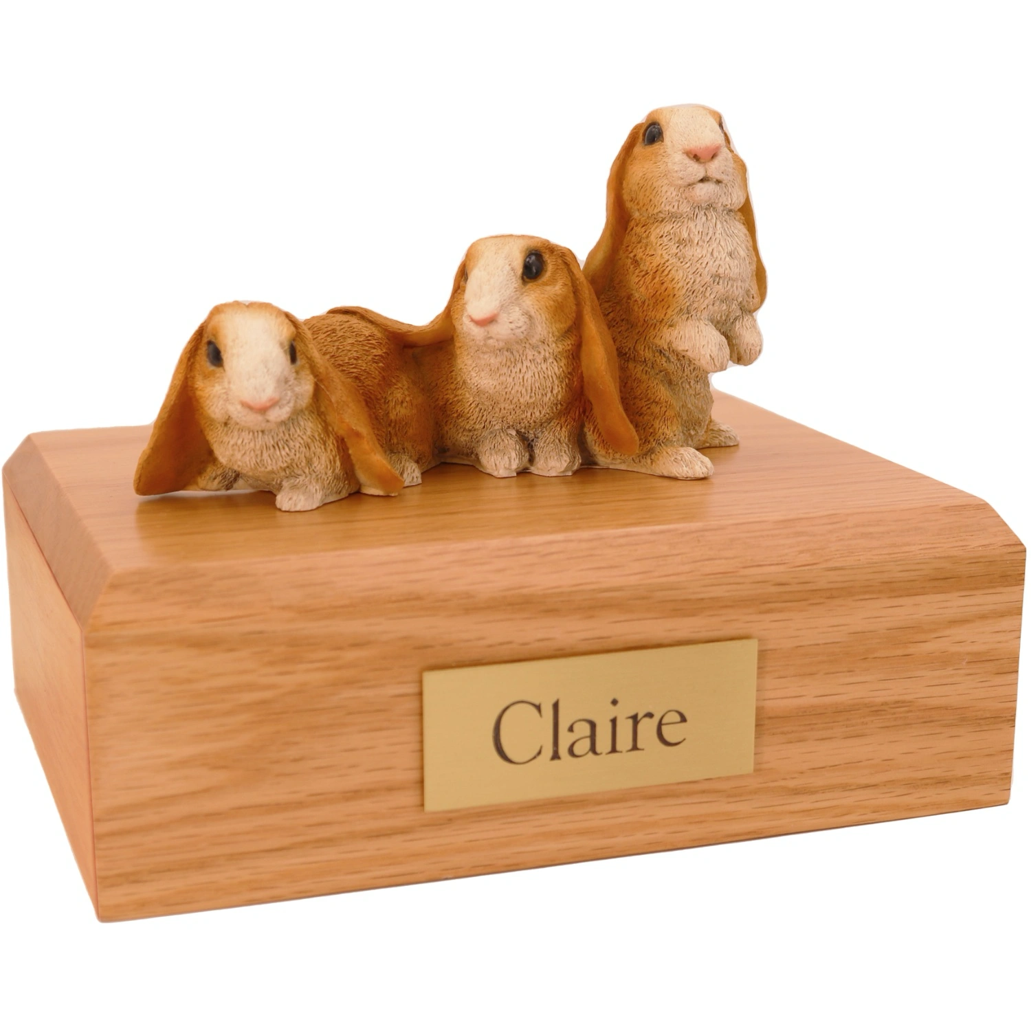 3 brown white rabbit figurine on wood memorial cremation urn