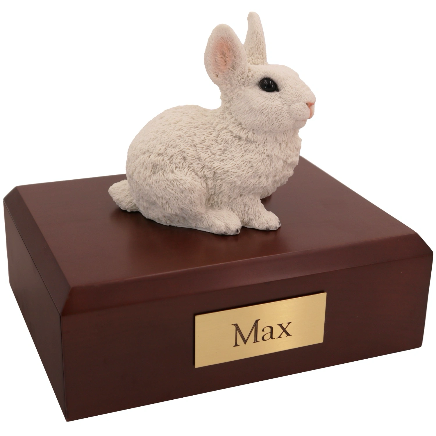 White rabbit figurine on wood cremation urn