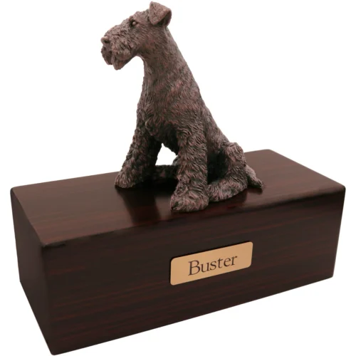Airedale Terrier dog bronze look figurine wood memorial cremation urn, walnut finish