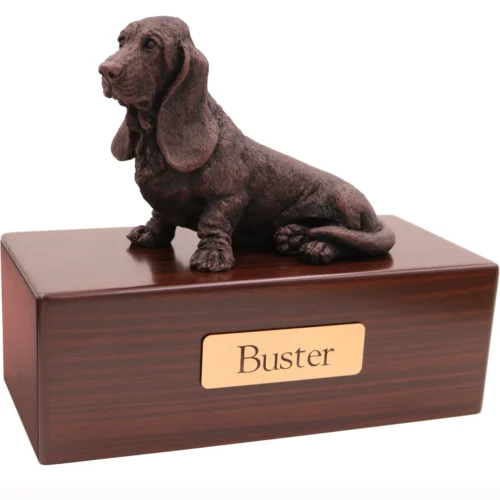 Basset Hound dog bronze look figurine wood memorial cremation urn, walnut finish