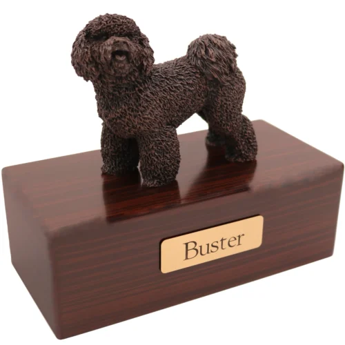 Bichon Frise dog bronze look figurine wood memorial cremation urn, walnut finish