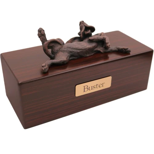 Bloodhound dog bronze look figurine wood memorial cremation urn, walnut finish