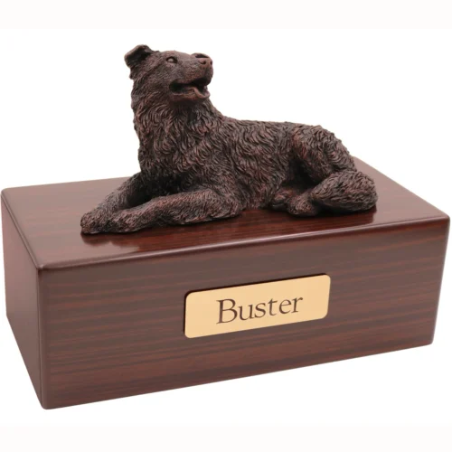 Border Collie dog bronze look figurine wood memorial cremation urn, walnut finish