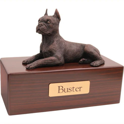 Boston Terrier dog bronze look figurine wood memorial cremation urn, walnut finish